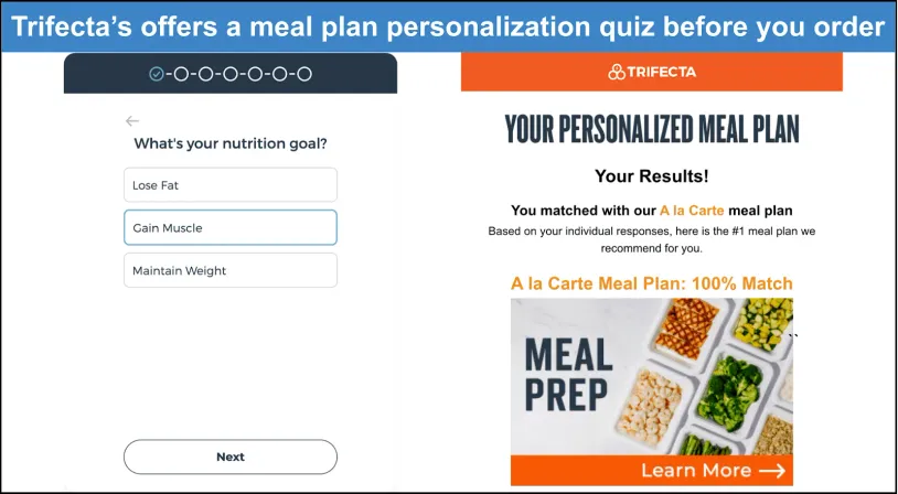 Screenshot of Trifecta's customization quiz and recommended meal plan.