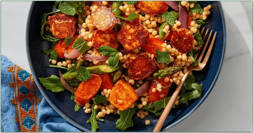 Blue Apron's Crispy Paneer Cheese over Roasted Vegetable, Couscous & Arugula Salad