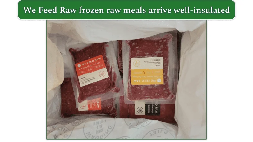 Open We Feed Raw delivery box with frozen packs