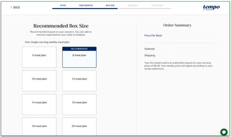 You can order 6 to 20 Tempo meals per week