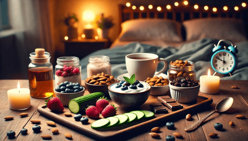 A cozy bedroom scene features a breakfast tray with blueberries, strawberries, cucumber slices, almonds, chocolate, yogurt, coffee, and honey. Lit candles and jars complement the warm ambiance, with a blue alarm clock reading 7:00 on the bedside table.