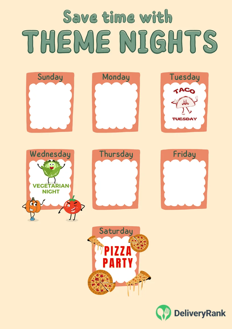 Image of a 7 day planner with Taco Tuesday, Vegetarian Wednesday and Saturday Pizza Party clearly marked.