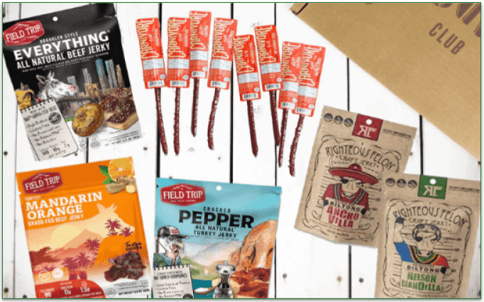 Carnivore Club's Gamers Snack Box showing each item packed individually with clear descriptions on the front of the packaging