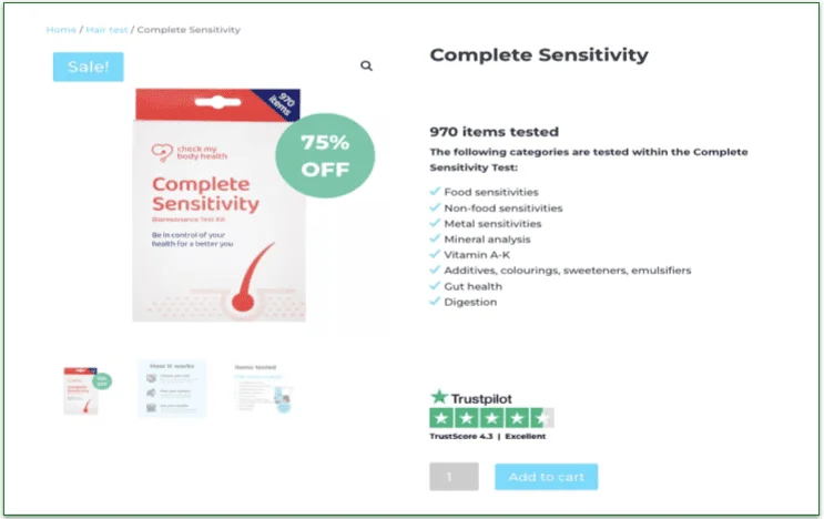 Screengrab of Check My Body Health Complete Sensitivity test product page