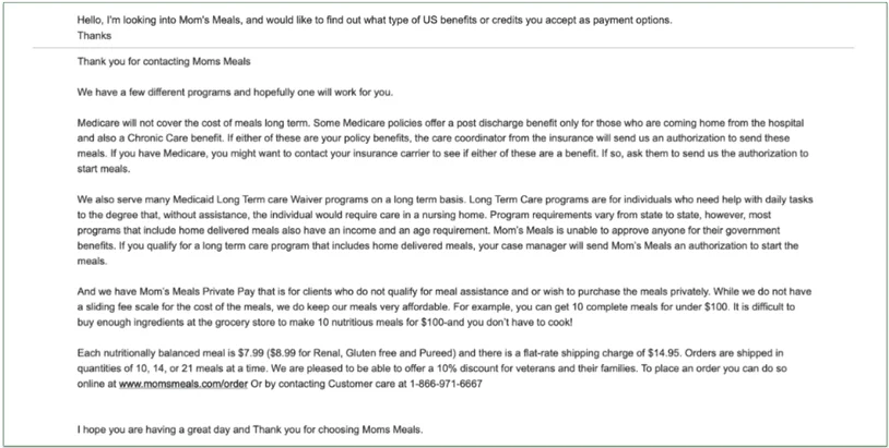 a screenshot of mom's meals' email support response