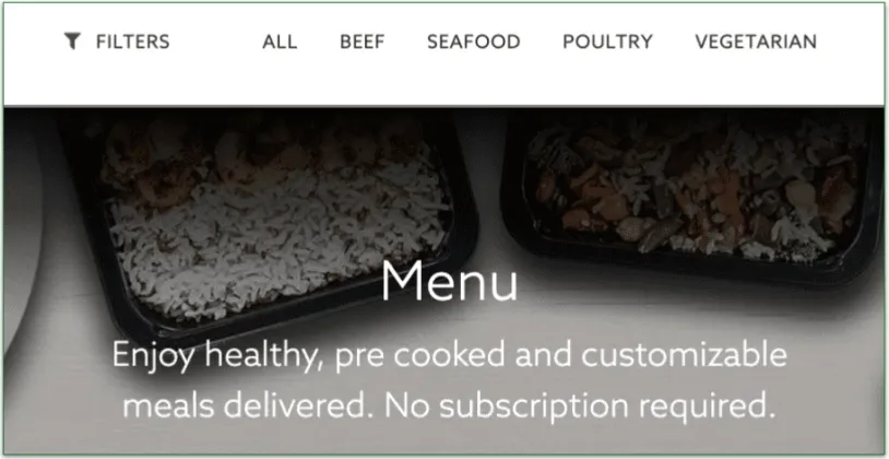 a screenshot of mealpro's menu filtering options