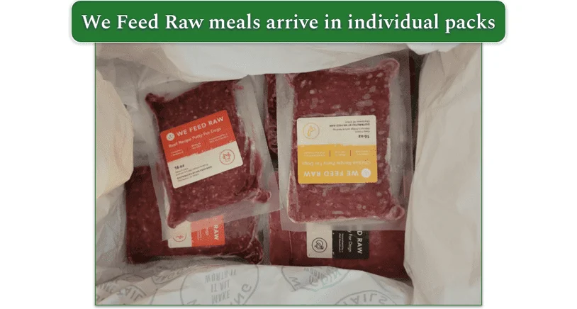 Open We Feed Raw delivery box with frozen packs