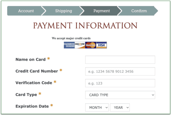 Screenshot of Silver Cuisine's payment information page