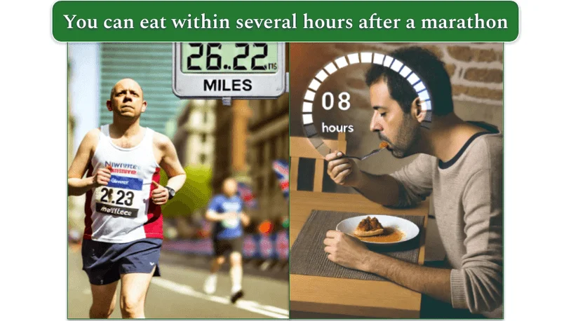 A collage showing a marathon runner in the left image and a man having a post-marathon meal with the scale ranging from zero to 8 hours in the right.