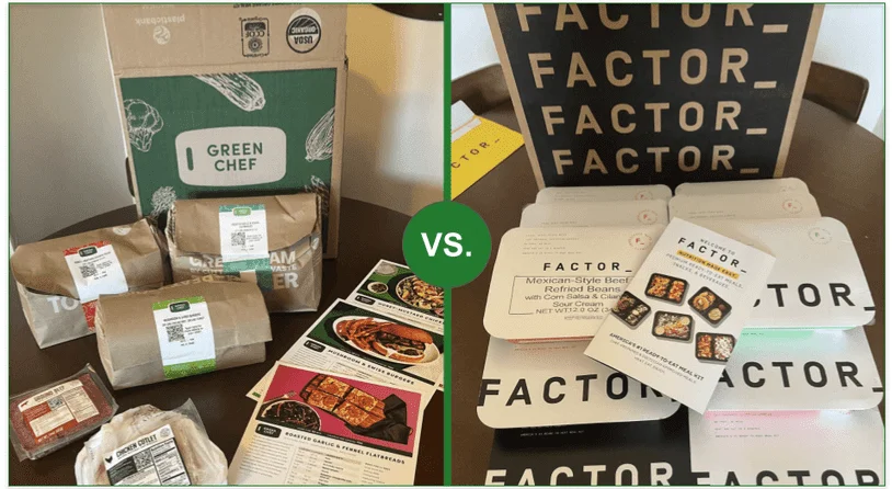 A comparison of the contents of a Factor delivery and a Green Chef delivery