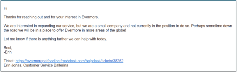 Response from Evermore's customer support