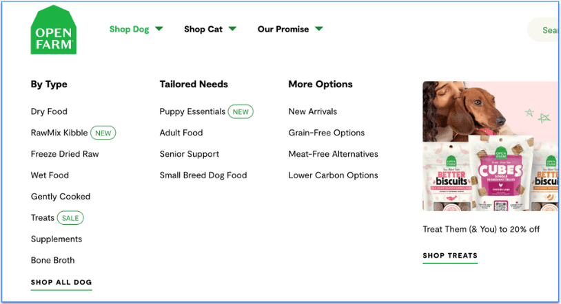 Screenshot of Open Farm’s dog food menu by type and needs