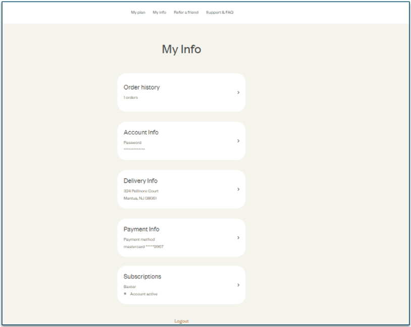 Your account page is streamlined