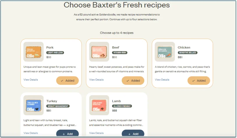 Ollie's meal suggestions based on the chosen plan