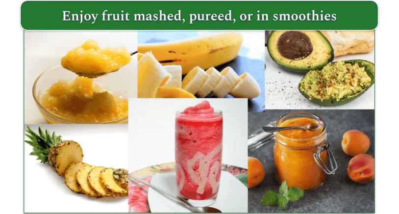 Collage of slices, mashed, and pureed fruit