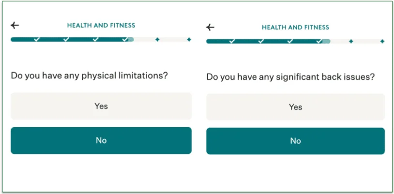 Screenshots of Noom's Health and Fitness Questionnaire