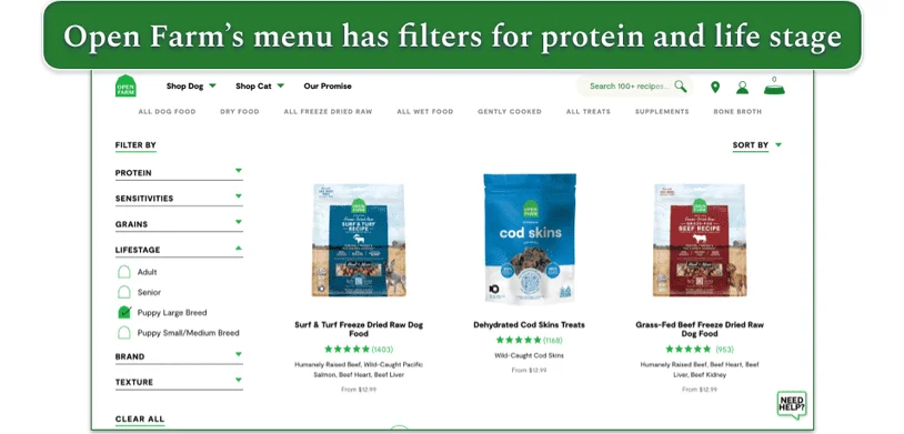 Screenshot of Open Farm’s menu sorted by Puppy Large Breed