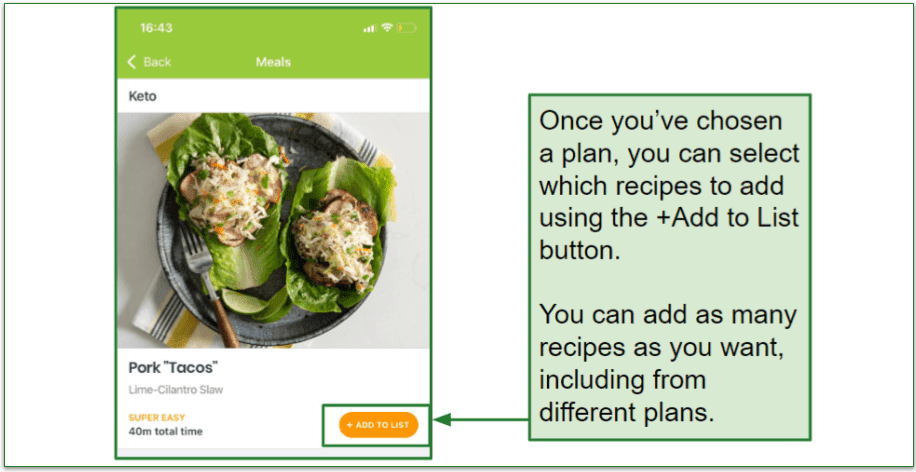 screenshot of how to add an eMeals recipe to the Shopping List
