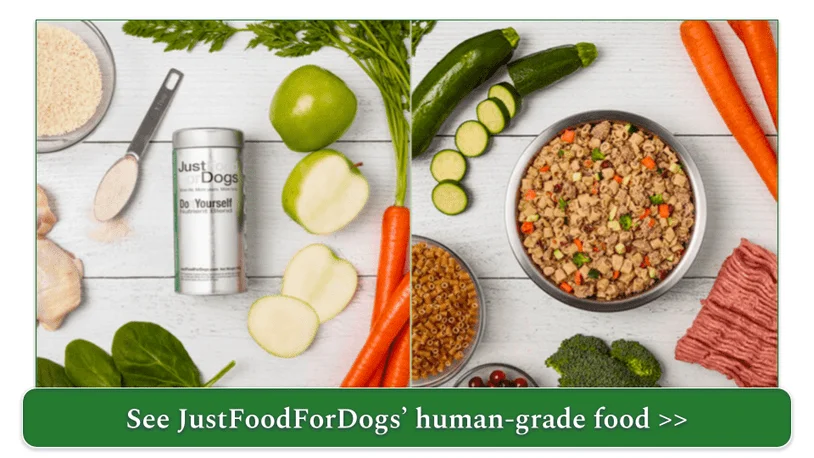 Just Food For Dogs' DIY Chicken nutrient mix in the can next to Turkey & Whole Wheat Macaroni Fresh Food mix in a dish