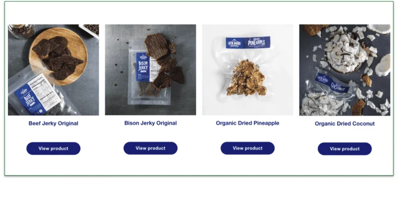 Pictures of Ice Age Meals' Beef Jerky, Bison Jerky, Dried Pineapple, and Dried Coconut