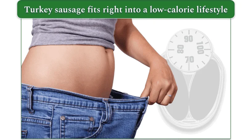 Image of a woman wearing loose jeans after losing weight next to a scale