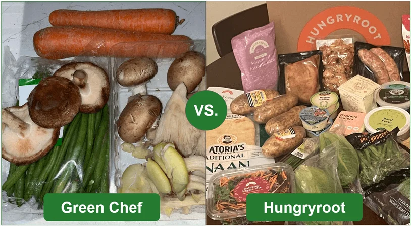 Green Chef's organic produce compared with Hungryroot's plastic-wrapped veggies
