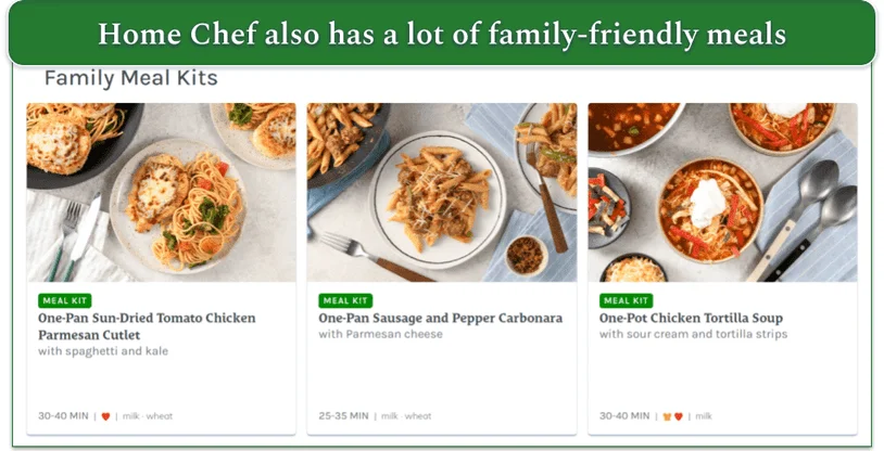 Screenshot of 3 dishes on the Home Chef Family menu