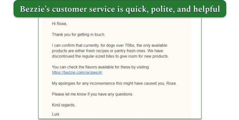 My email interaction with Bezzie customer support