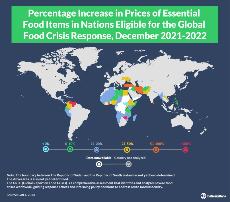 Percentage increase of essential food items in countries around the world, 2021-2022