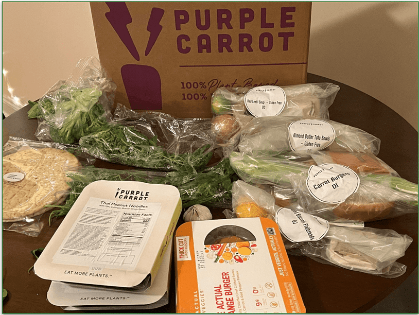 The contents of a Purple Carrot shipment