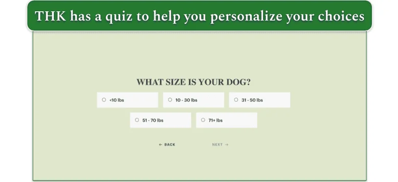 Screenshot of The Honest Kitchen’s quiz screen What Size is Your Dog