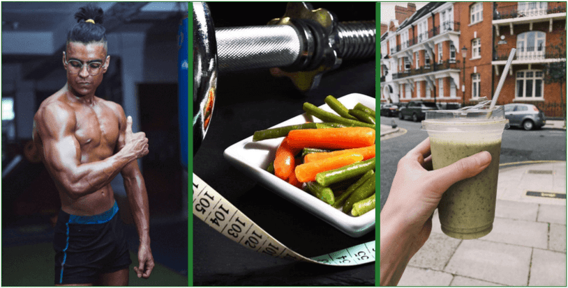 Images of healthy foods, exercise equipment, and a muscular man at the gym