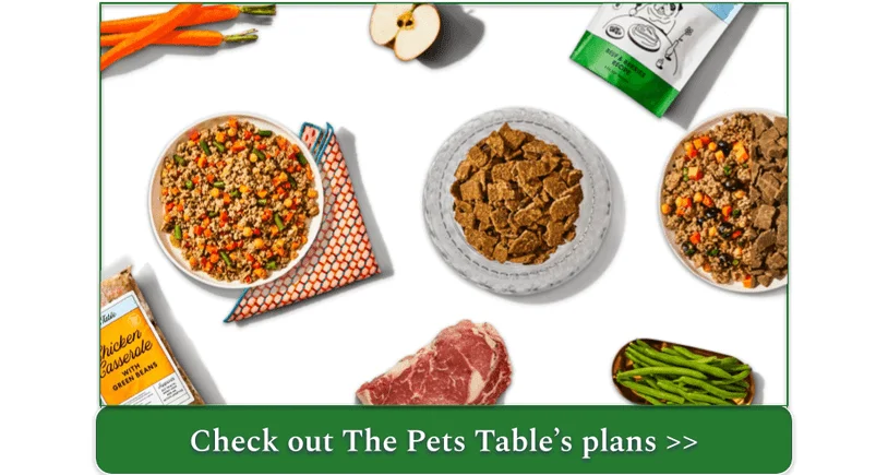 An image of The Pets Table Fresh and Air-Dried meals, together with some of the whole ingredients used to make them.