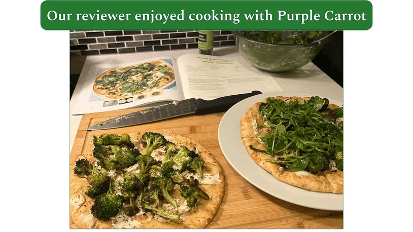 Purple Carrot meal kit with recipe card on a chopping board