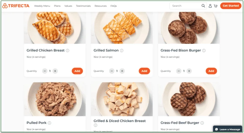 Screenshot of 3 proteins on the Meal Prep menu