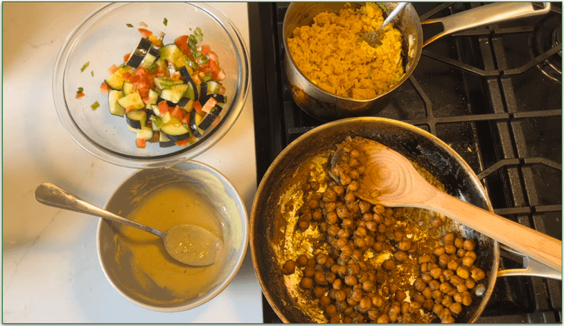 Image of pots and bowls with various components for Streetcart chickpea bowls as prepared by our reviewer