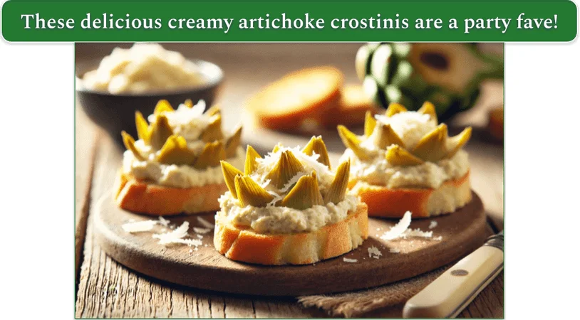 artichoke crostinis with garlic butter and paremsan