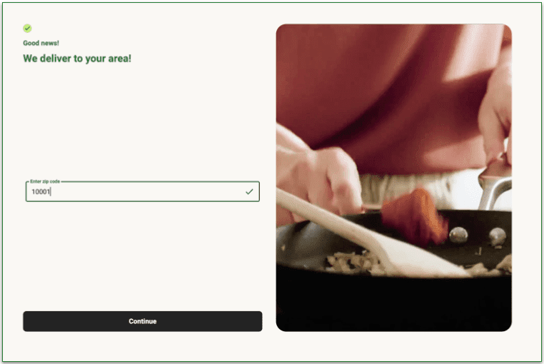 screenshot of hellofresh quiz zip code screen