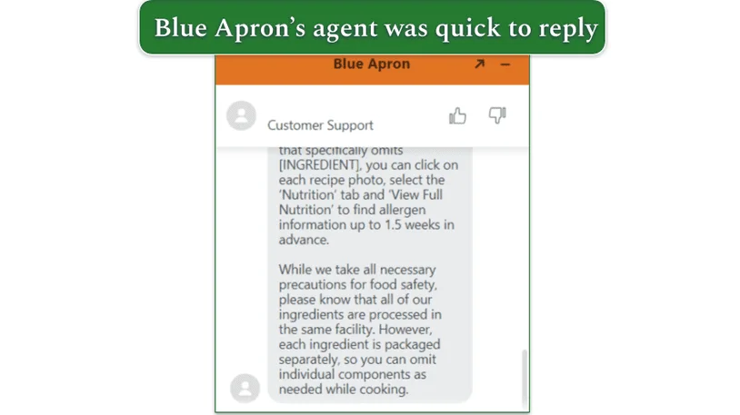 Screenshot of part of a chat with Blue Apron's customer agent about ingredients and allergens