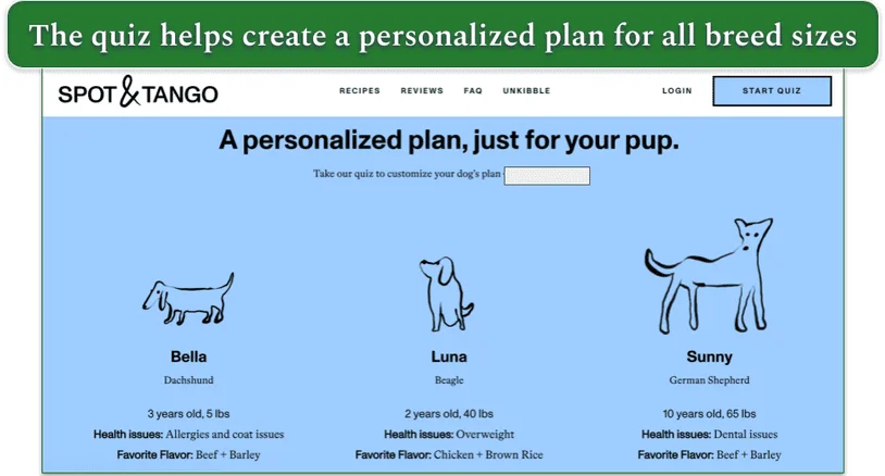 Screenshot of Spot & Tango’s website showing 3 plans for different breeds