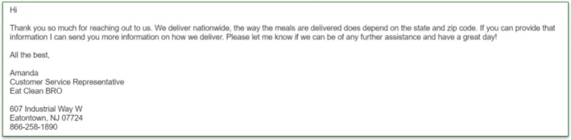 Email from Eat Clean Bro's customer service