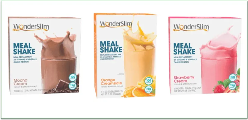 Pictures of three flavors of  WonderSlim Meal Shakes