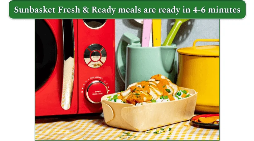 Close up of a Sunbasket Fresh & Ready meal against a bright kitchen backdrop