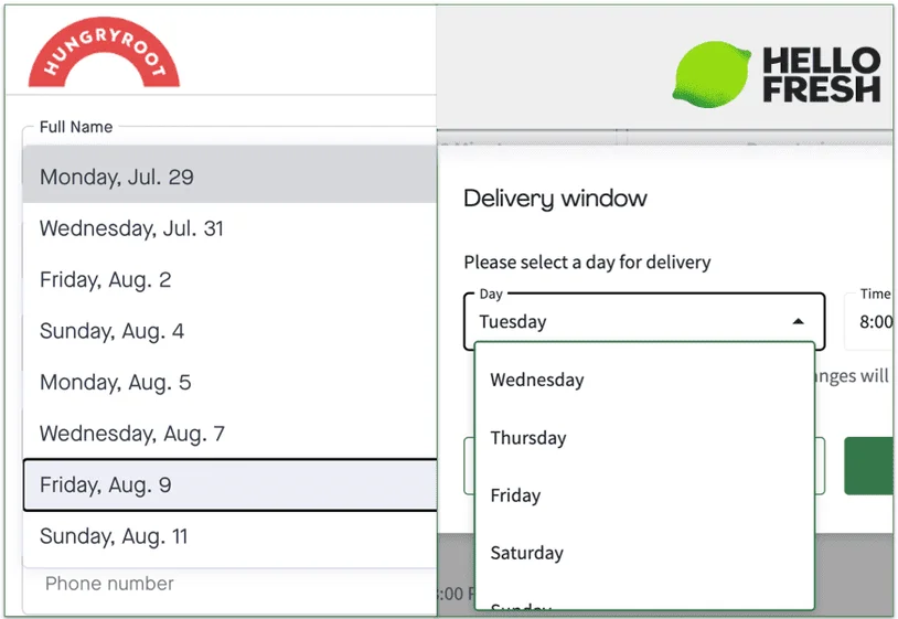 Side-by-side comparison of Hungryroot's and HelloFresh's delivery day options