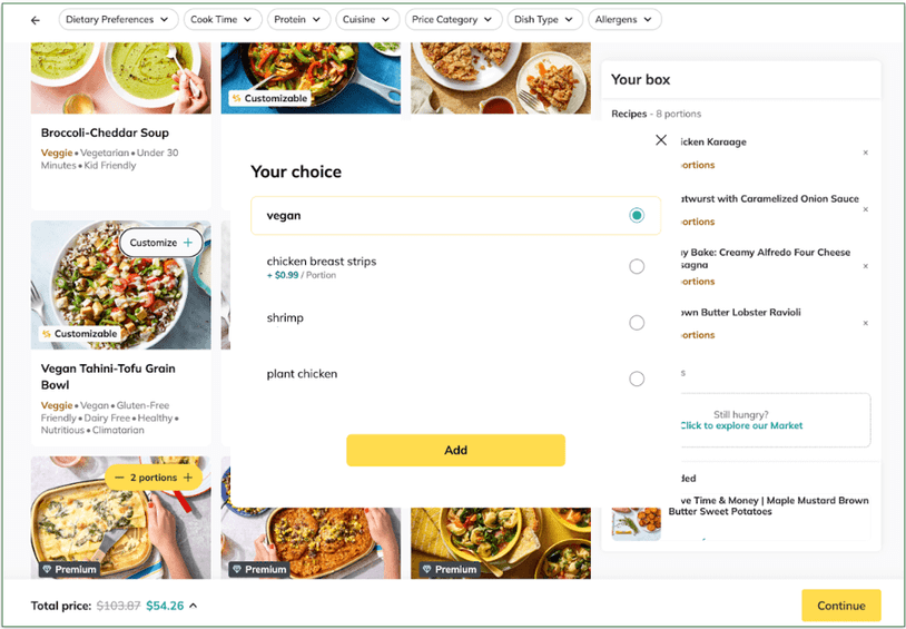 Screenshot of Marley Spoon's meal customization process