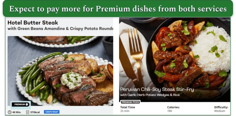 EveryPlate's Premium Hotel Butter Steak dish and HelloFresh's Peruvian Chilli-Soy Steak Stir Fry dish