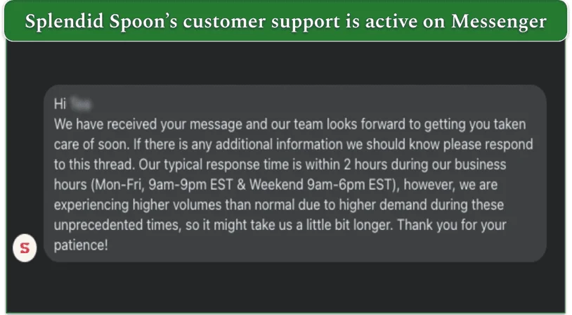Screenshot of Splendid Spoon’s Messenger chat interface, enabling seamless communication with customer support