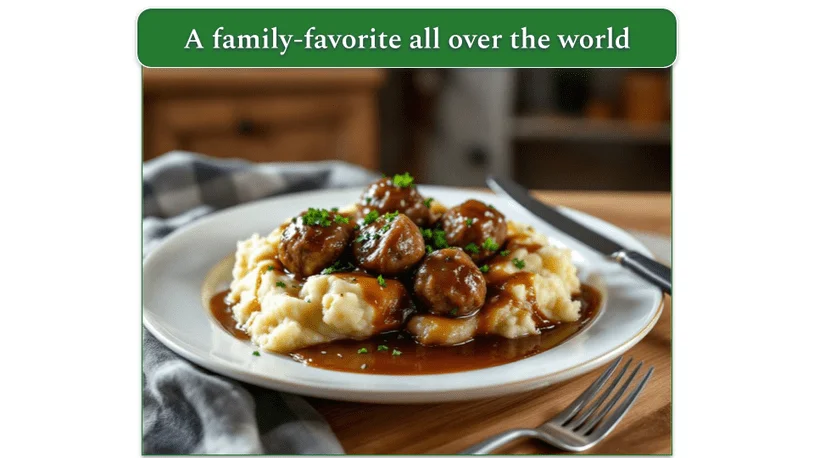 Mashed Potatoes with Swedish Meatballs and Gravy on a plate, ready to enjoy