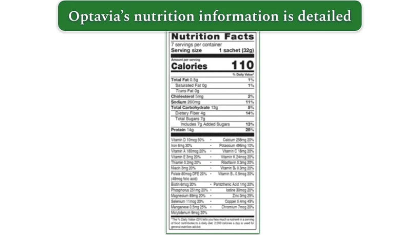 Image of the nutrition facts for Optavia's Creamy Vanilla Shake