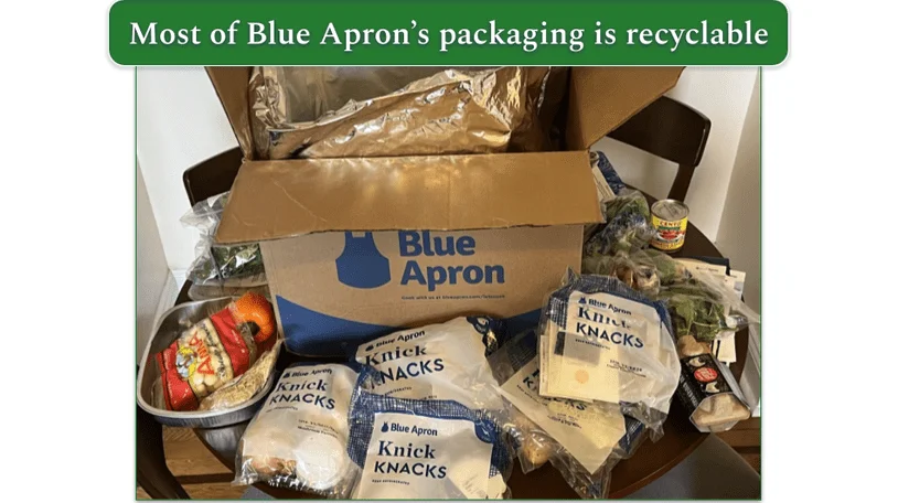 A Blue Apron delivery box with the contents displayed in front